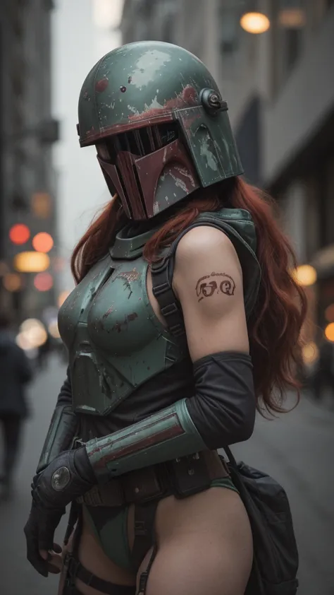 a 20-year-old girl with long red hair, dressed as boba fett from star wars, only wearing the helmet, a top and floss underwear,c...