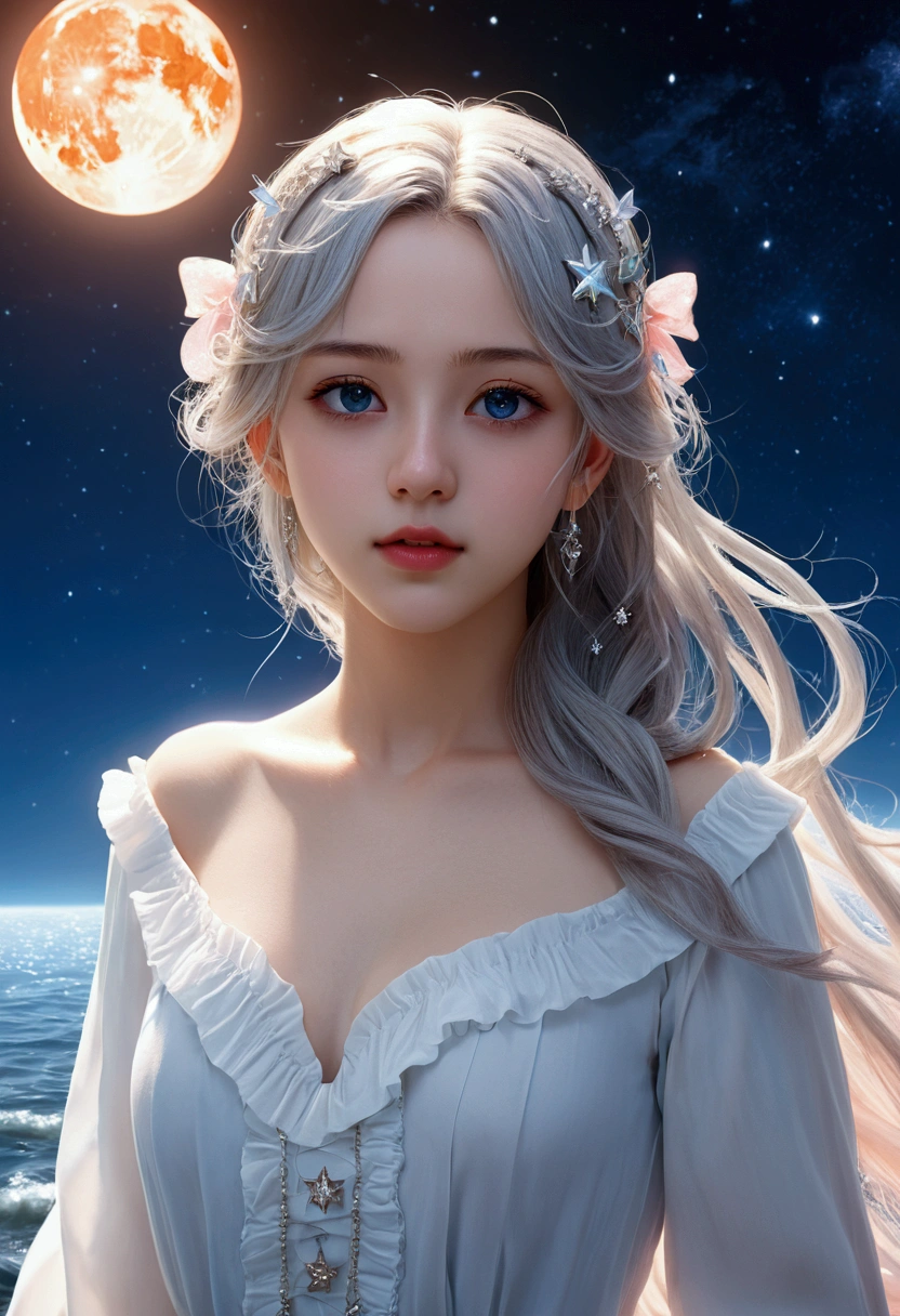 ((masterpiece)), ((best quality)), ((illustration)), Extremely detailed,Style girl, long shot, Small Breasts,very light gray_long_hair, scifi hair ornaments, Beautiful and delicate deep eyes, Beautiful and detailed sky, Beautiful and delicate water, light, dramaticangle, (very long sleeves), Ruffles, formal, Close to the viewer, (Extremely delicate and beautiful),best quality,high resolution,Official Art,Extremely detailed CG unity 8k wallpaper,  ((Starry Sky)), star river bay,array star, Saint, noble, ((painting)) , ((Wallpaper 8k CG)), (Practical), Concept Art, Changing blue、red、Orange and pink hard light, Intricate light, dynamic hair, haircut, dynamic ambiguity, beautiful and aesthetic, Intricate light, Manga and animation