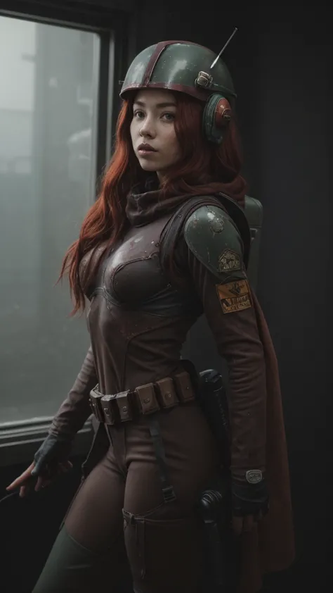 a 20-year-old girl with long red hair, dressed as boba fett from star wars, only wearing the helmet, a underwear of two pieces,c...