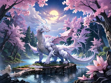 A white dragon flying under a beautiful moon sky, white flowers, pink flower, a lake, tree, forest.