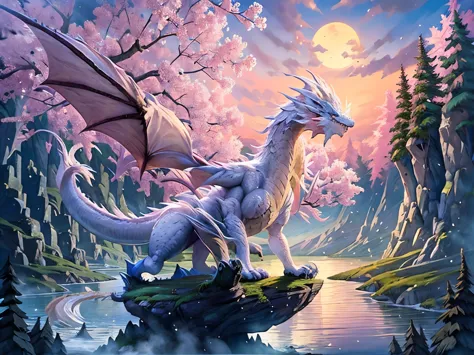 A white dragon flying under a beautiful moon sky, white flowers, pink flower, a lake, tree, forest.