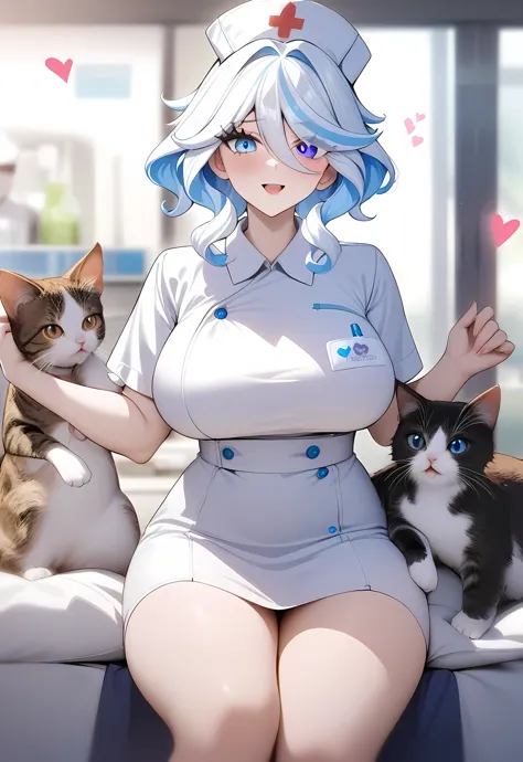 masterpiece, best quality, very aesthetic, absurdres, 1girl, mature_lady,nurse_clothes, nurse_hat,heart,holding a cat,,indoors,i...