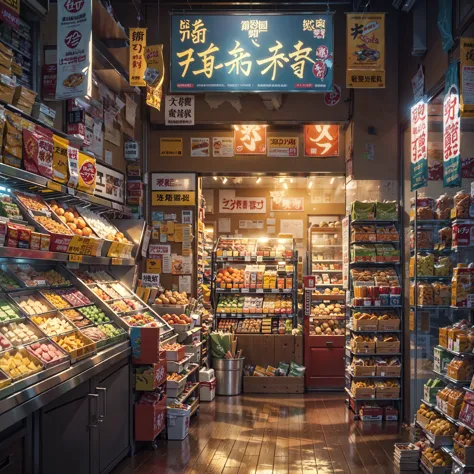a bodega in Japan during a dreary rainy day, anime-style, the shelves are lined with an array of Japanese snacks and essentials, the setting outside is muted and misty, contrasted by the warm, inviting interior, the atmosphere conveys a sense of refuge and warmth, japanese signs, , high detail, anime background art, beautiful anime scene, japan, (no one: 1), colorful anime movie background, beautiful anime scenery, beautiful anime scene, anime scenery, anime art wallpaper 8 k, tokyo anime scene, anime art wallpaper 4k, anime art wallpaper 4 k, anime scenery concept art,Conceptual art, anime, cinematic lighting, UHD, masterpiece, best quality
