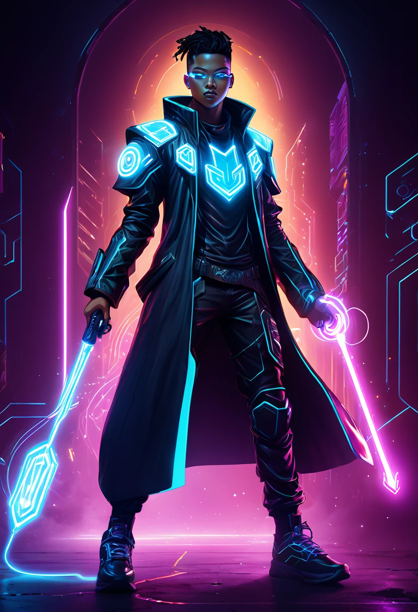 a medium quality digital illustration of a young techno-mage named Usrican, incoming, Gunz N Butter, futuristic, magical, cyberpunk, character design, dynamic pose, neon lights, glowing runes, science fiction, digital art, full body, concept art, dark atmosphere, powerful magic, mysterious, dramatic lighting