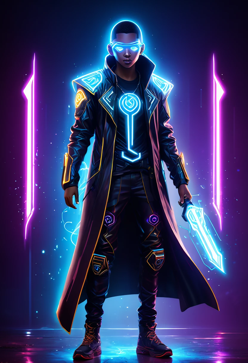 a medium quality digital illustration of a young techno-mage named Usrican, incoming, Gunz N Butter, futuristic, magical, cyberpunk, character design, dynamic pose, neon lights, glowing runes, science fiction, digital art, full body, concept art, dark atmosphere, powerful magic, mysterious, dramatic lighting