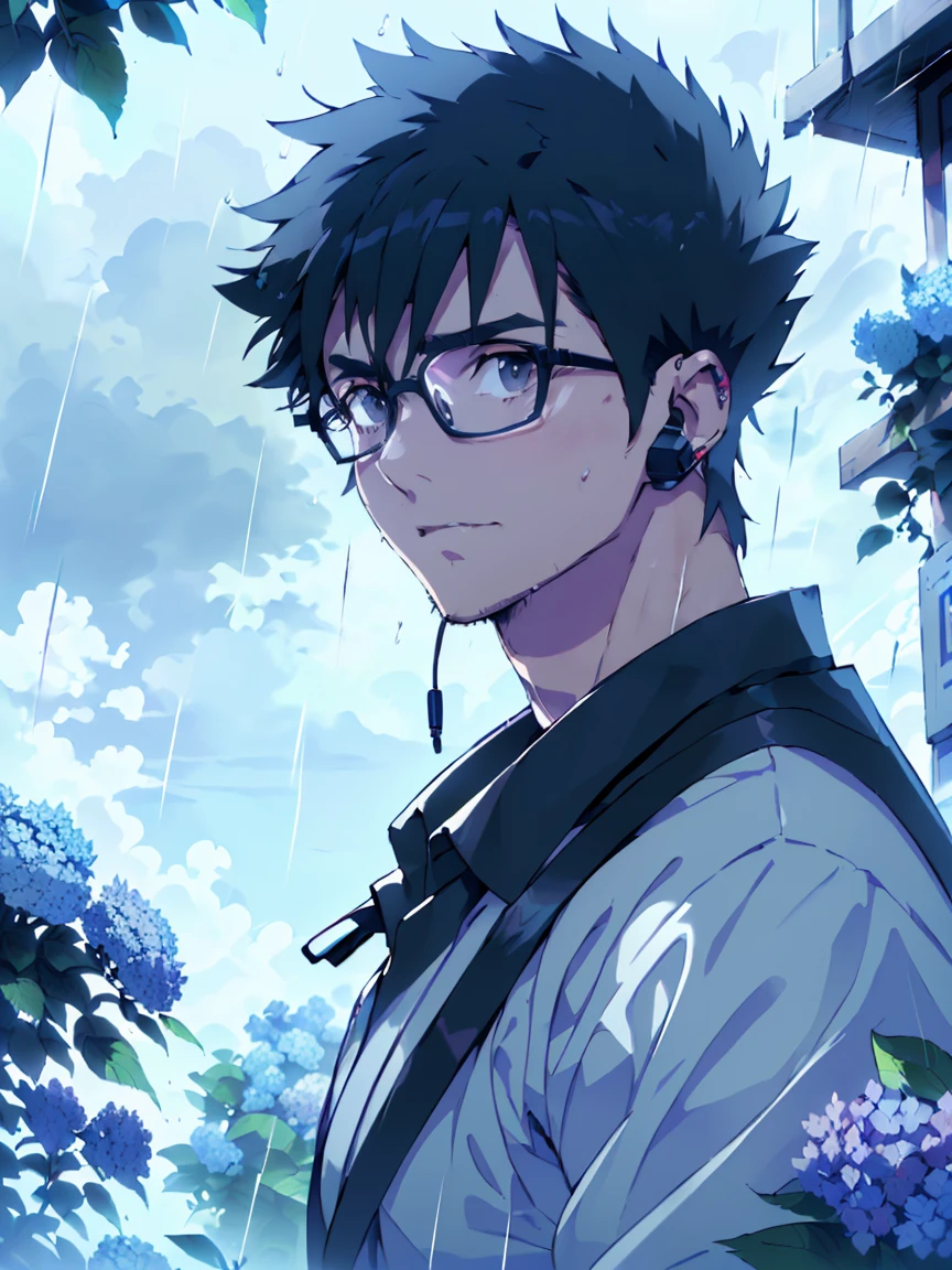 (((Highest quality)), ((masterpiece)), (detailed), Highest quality、High resolution、８K、shirt、One adult male、33 years old、Dark Eyes、Black Hair、rain、The whole body is shown、I look up at the sky and stare at the rain、Standing surrounded by hydrangeas、Japanese anime-like style、超High resolutionかわいい萌えアニメ8k、handsome face manly、 Slender and muscular、Wearing headphones、Glasses