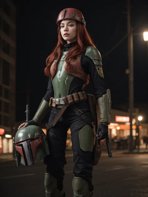 a 20-year-old sexy young girl with long red hair, dressed as boba fett from star wars, only wearing the boba fett helmet, a sexy...