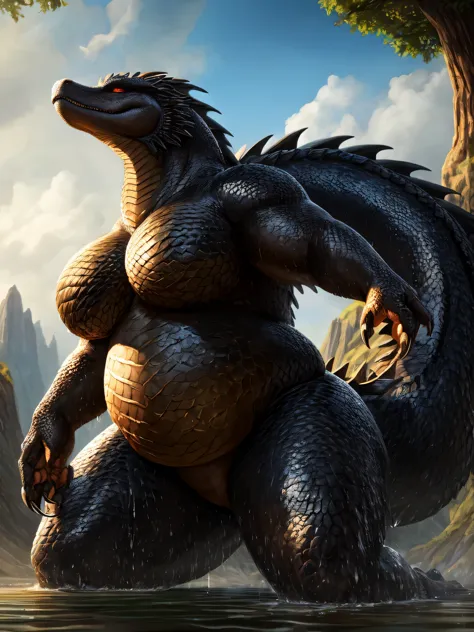 (high quality,4k,8k,highres,masterpiece:1.2),ultra-detailed,(realistic,photorealistic,photo-realistic:1.37),pixiv masterpiece,(intricate details), moobs, nippleless moobs, fat, nsfw, chubby wet male Dragon with highly detailed black alligator scales, feral, stunningly sharp-focus, enormous belly, charming chubby body, curvy, wide hips, thicc thighs, enchanting black, impressive scales, powerful presence, mesmerizing beauty, sexy posture, well-defined claws, sinister-hearted, radiant aura, captivating artwork, artistically rendered, masterful strokes, attention to detail, tasteful composition, alluring charm, careful shading, great attention to anatomy, meticulous rendering, impeccable craftsmanship, vivid colors, perfect balance between realism and fantasy, wet, sweaty, big fluffy tail, thick tail, squish focus, Landscape shot