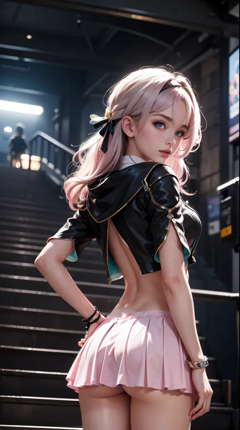 bangs, Hair Between Eyes, (pink Eyes: 1.5), Multicolored Hair, Hair Tie, Lipstick, Girls, kogal, Makeup, BREAK Skirt, Shirt, Jewelry, , clavicle, White shirt, Pleated skirt, Collared shirt, Mini skirt, Bracelet, black skirt, Naughty big、big full breasts、BREAK looking at the viewer, Full body, BREAK (masutepiece:1.2), Best quality, High definition, Unity 8k wallpapers , (Illustration: 0.8), (Beautiful detailed eyes: 1.6), extremely detailed face, Perfect lighting, extremely detailed CG, (Perfect hands, Perfect anatomy), Open mouth smile、Stand on the escalator, (Up) escalator), ( lower body shot), Focus on hips, (shot from below: 1.3), (back view: 1.3)、 (black panties: 1.3)、(Rolling skirt: 1.3)、(Fully exposed panties: 1.5), outdoor、 outside the house