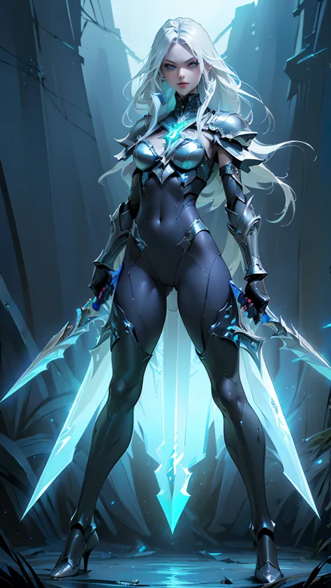 (((masterpiece, best quality, high detailed, 16k))) design a gaming character, (1girl) slender body. silver+blue armor, stylish ...