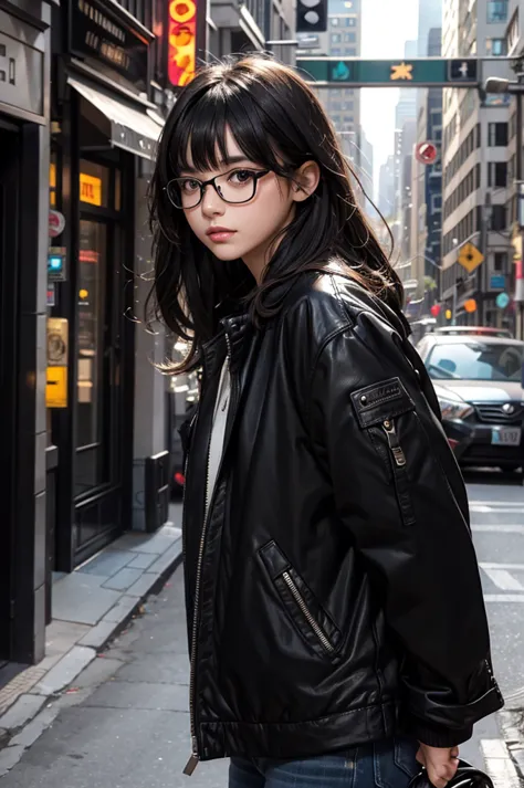 lover, male1, girl with glasses 1, bangs, black hair, black eyes, double figure, big city