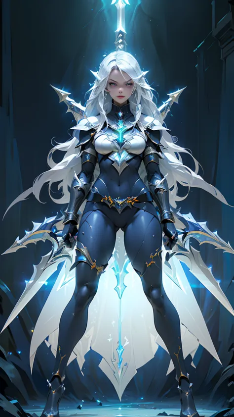 (((masterpiece, best quality, high detailed, 16k))) design a gaming character, (1girl). silver+blue armor, stylish and unique. (...