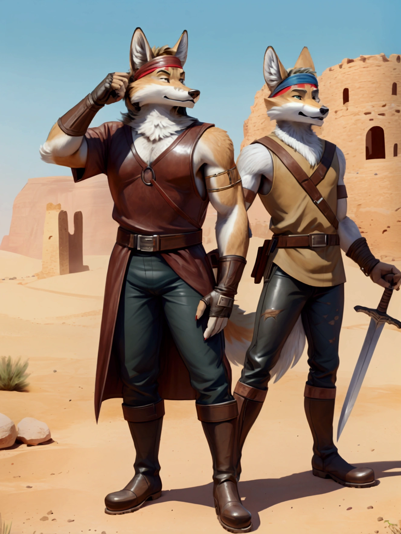 Handsome young anthro furry desert coyote fox male, desert ancient times mercenary solider-assasin murderer, handsome model look gay apperance, handsome muscules, tall, handsome muzzle, handsome shag headband, ruffled old stained tunic with very short sleeves, yawning pants tied with old leather boots on anthro foot, on the tunic old leather harness with scanty rusty breastplate with armlet, old leather bracers, fingerless gloves, old worn out clothing, old worn out armament, sword scars, desert ancient village street, hot climate, ancient desert times, playfull dirty smile, standing on the shadow street, proffesional digital furry drawing art