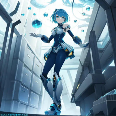 rico_megamanxdive, 1girl, solo, blue eyes, short hair, blue hair, android, high quality, masterpiece, standing in an underwater ...