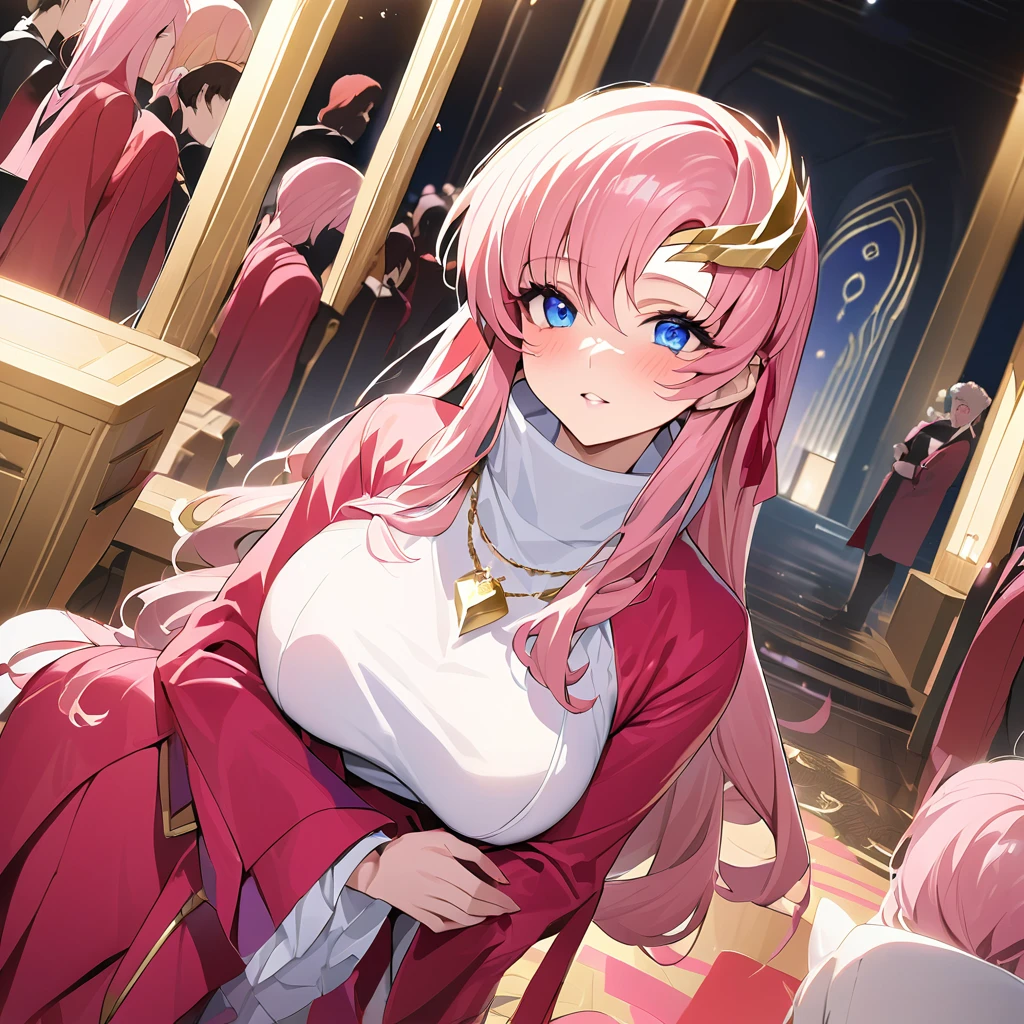 ((Highest quality)), ((masterpiece)), (detailed), （Perfect Face）、The woman is Lacus Clyne, the wife of the leader of a mysterious cult. She has blue eyes, medium-long pink hair, a hair accessory, is wearing the mysterious, luxurious cult clothing of the mysterious religious organization, a necklace and accessories with the symbol of the mysterious cult, a luxurious head chain tiara, and an engagement ring.、The woman is the wife of a middle-aged, bearded cult leader whom she greatly admires.、He is standing at the altar of a cult with a mysterious cult leader dressed in luxurious cult leader clothing.