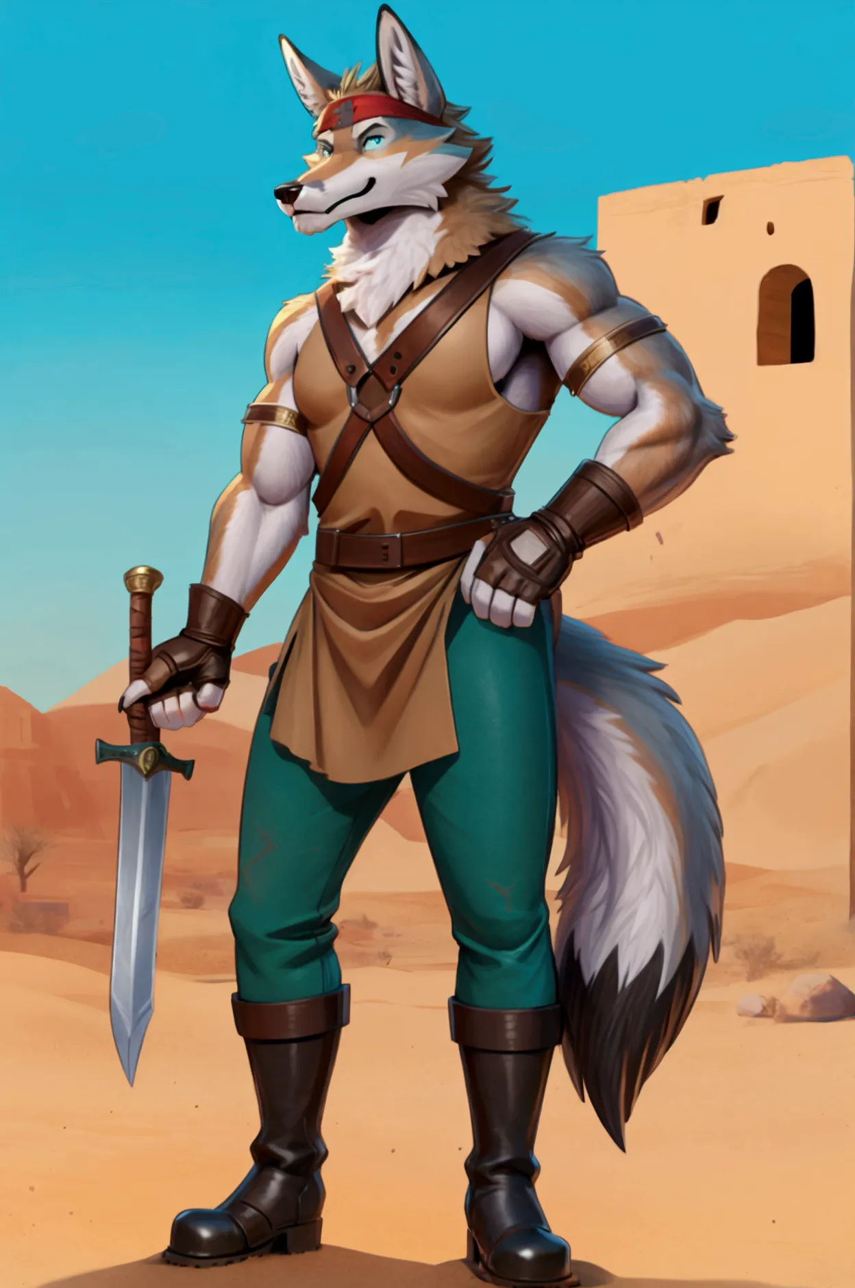 handsome young anthro furry desert coyote fox male, desert ancient times mercenary solider-assasin murderer, handsome model look...