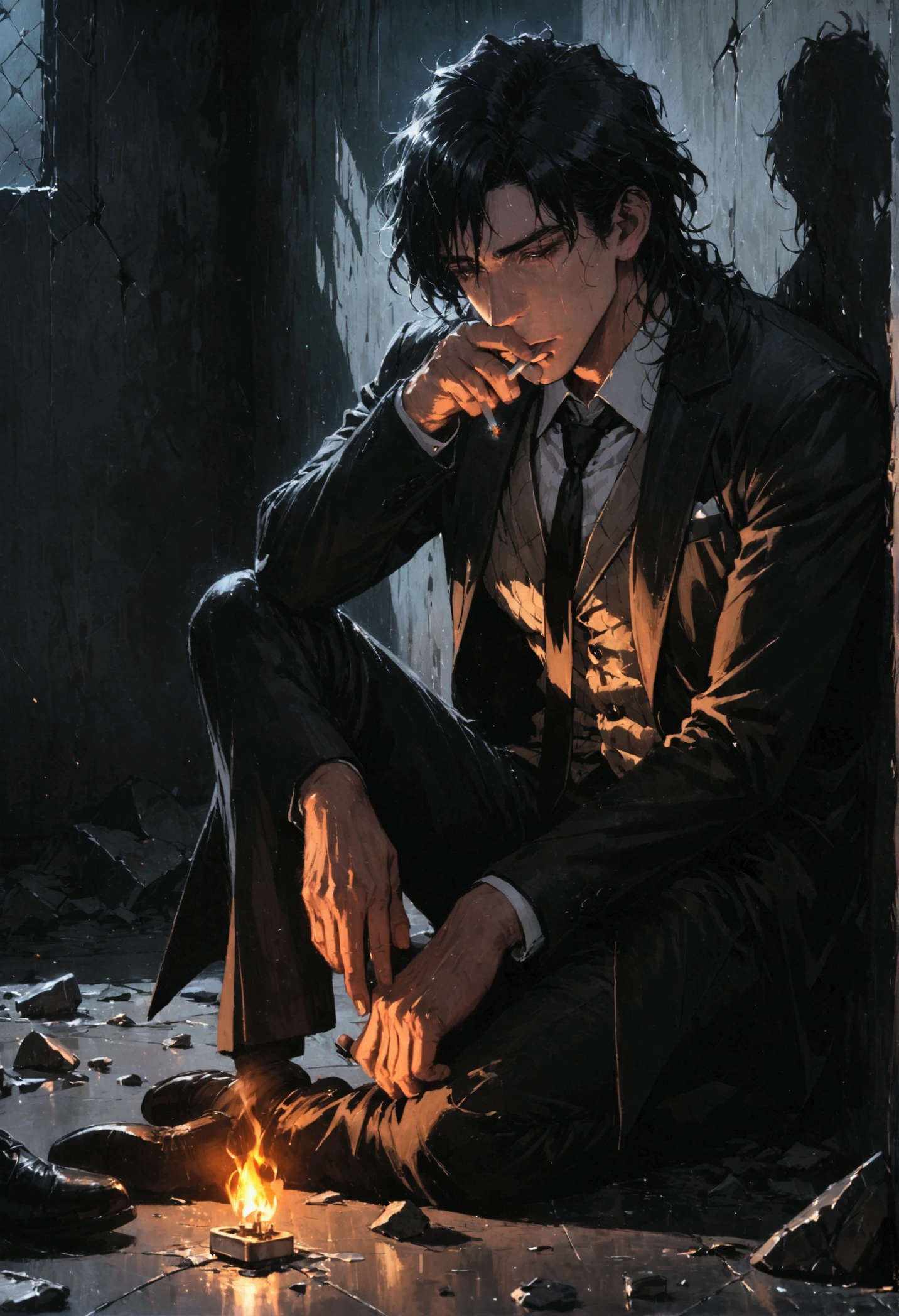 Constantine, man sitting on the floor,lighting a cigarette,lighter fire, dressed in a suit, black tie, broken glass on the floor, leaning against a wall, dark and gloomy scene