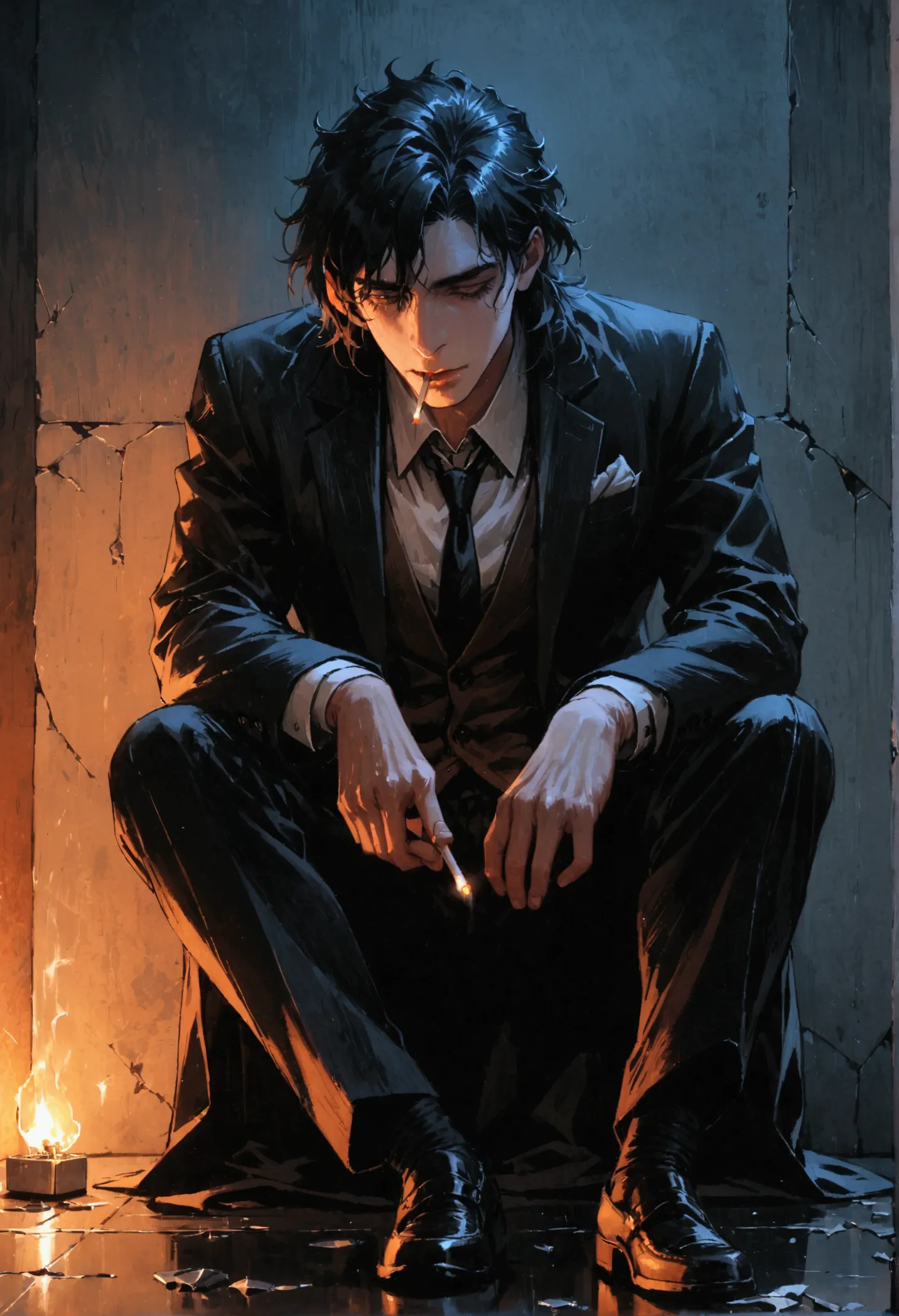 constantine, man sitting on the floor,lighting a cigarette,lighter fire, dressed in a suit, black tie, broken glass on the floor...