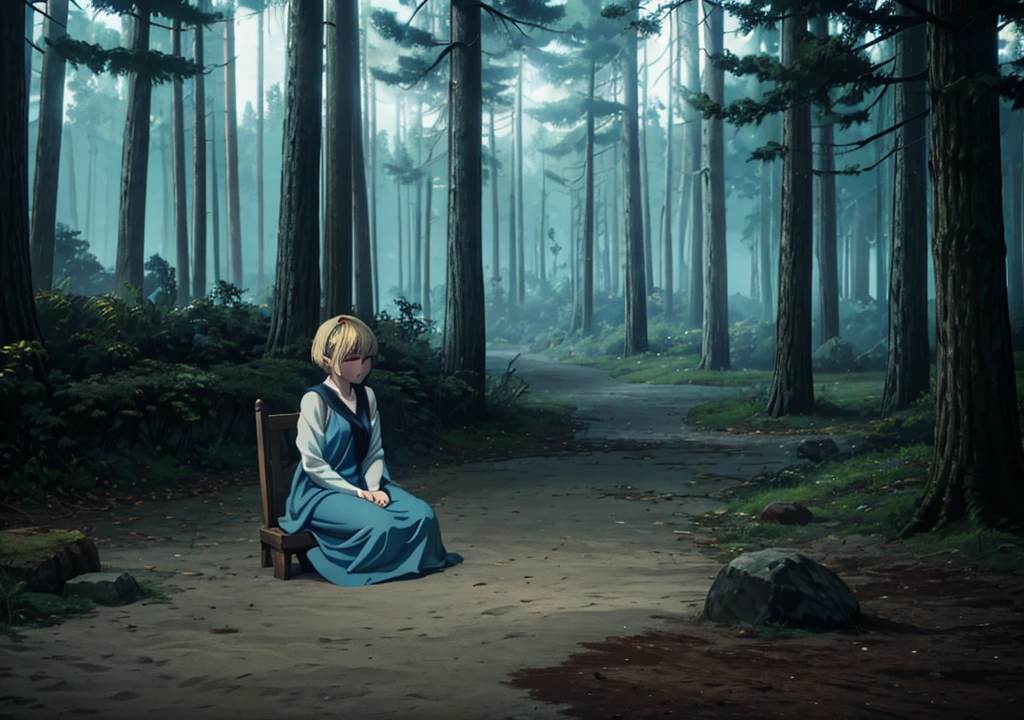 Une fille aux cheveux blonds courts, avec une robe bleu clair, Debout à l&#39;envers, forêt, automne, 2j, environnement sombre, Feuilles séchées, la nuit, brume, gris, monstre d'élan musclé géant assis