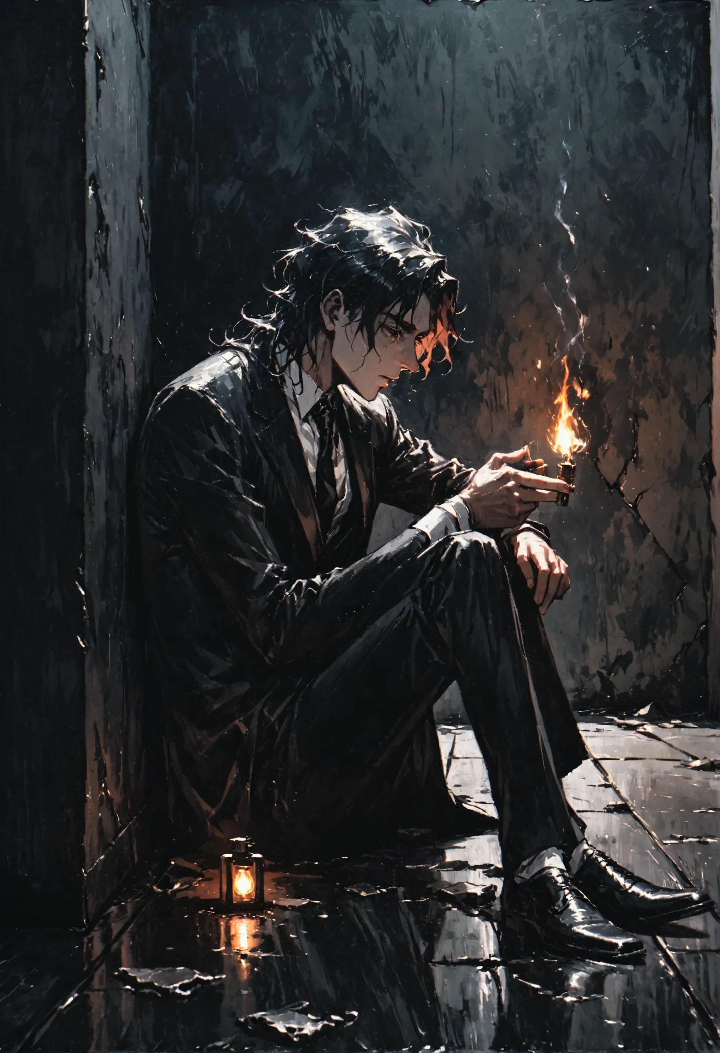 constantine, man sitting on the floor,lighting a cigarette,lighter fire, dressed in a suit, black tie, broken glass on the floor...