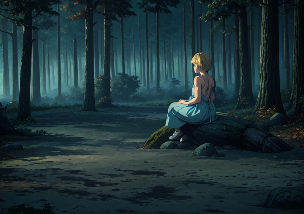 a girl with short blonde hair, in a light blue dress, from the back, forest, autumn, 2D, dark environment, dry leaves, night, fog, ash, giant muscular elk monster sitting