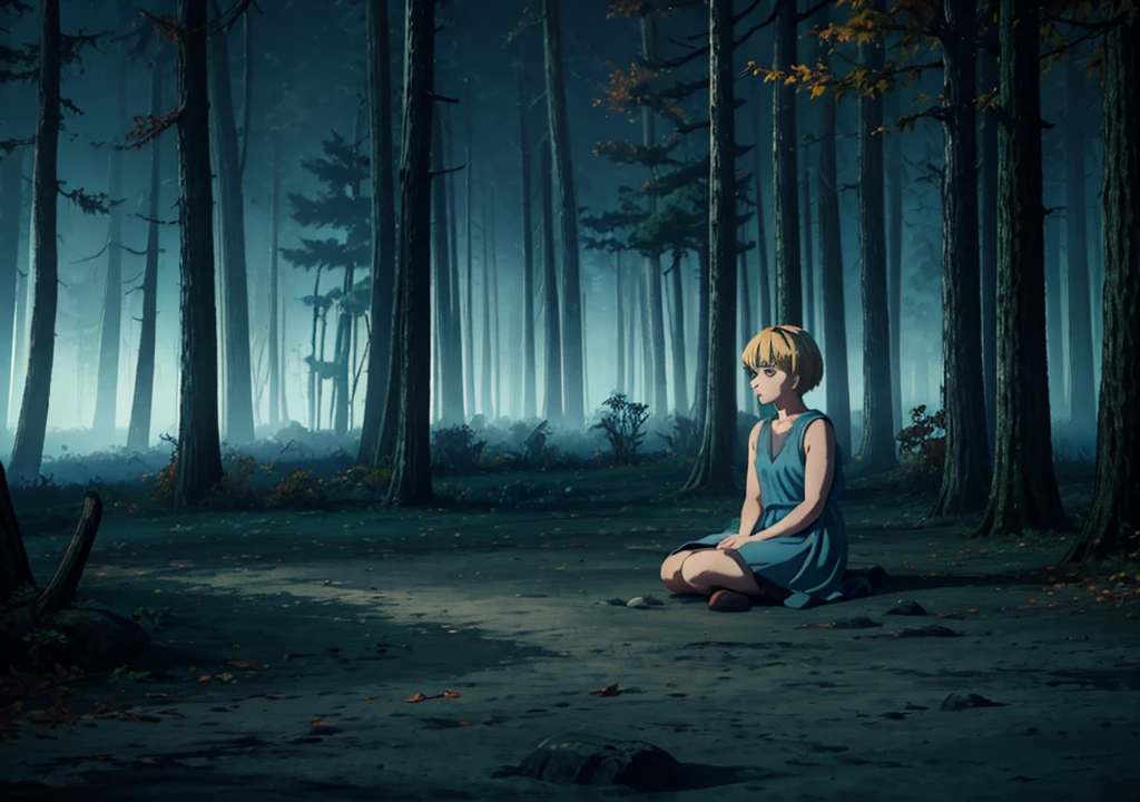 a girl with short blonde hair, in a light blue dress, from the back, forest, autumn, 2D, dark environment, dry leaves, night, fog, ash, giant muscular elk monster sitting