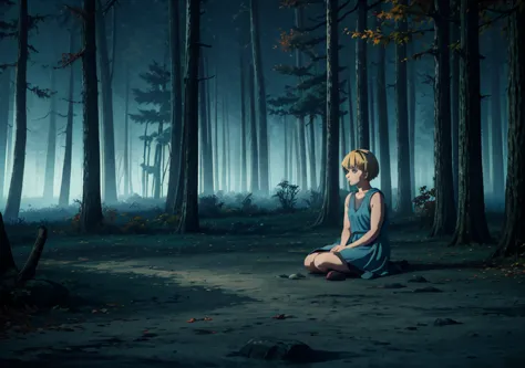 a girl with short blonde hair, in a light blue dress, from the back, forest, autumn, 2D, dark environment, dry leaves, night, fo...