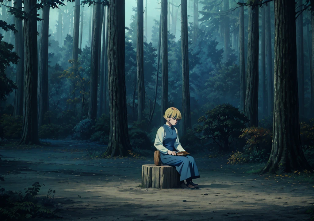 Une fille aux cheveux blonds courts, dans une robe bleu clair, De derrière, forêt, automne, 2j, environnement sombre, feuilles sèches, nuit, brouillard, cendre, monstre d'élan musclé géant assis