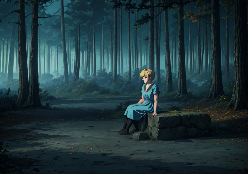 a girl with short blonde hair, in a light blue dress, from the back, forest, autumn, 2D, dark environment, dry leaves, night, fog, ash, giant muscular elk monster sitting