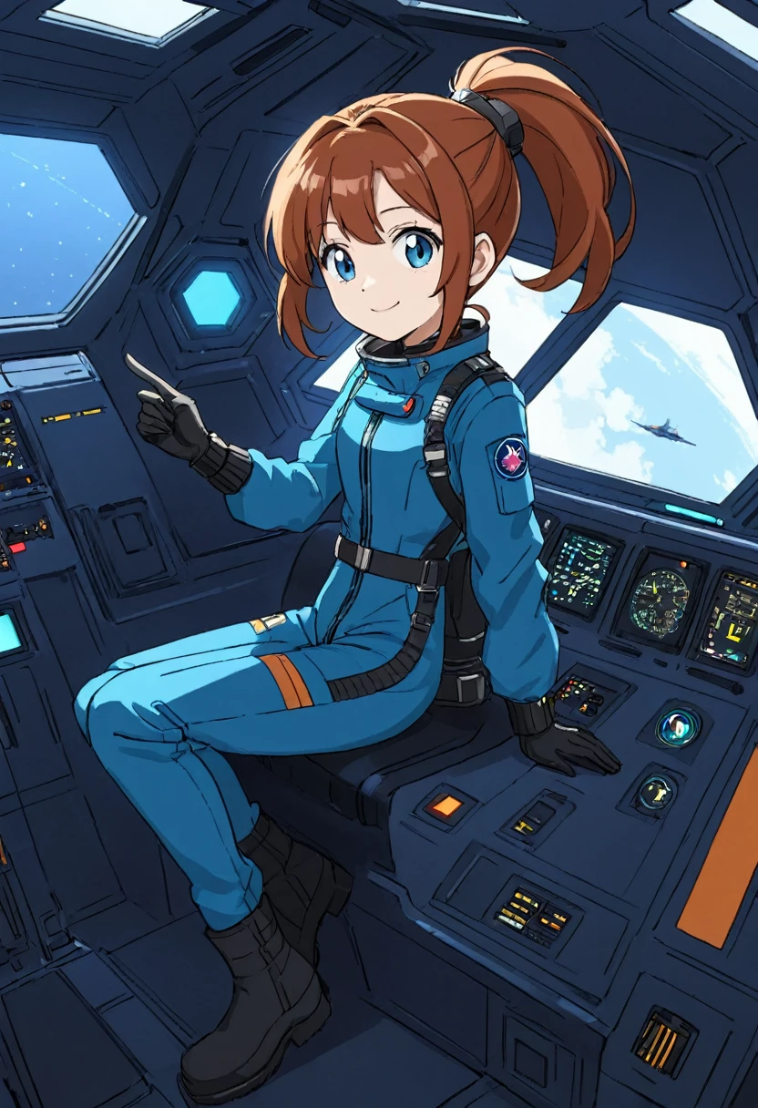 Cute anime girl, Full-body image of a young teenag girl space pilot, auburn hair, side ponytail, blue eyes, pilot jumpsuit, aviator jacket, boots, leather gloves, in a rtrofuturistic spaceship cockpit, anxious, smile