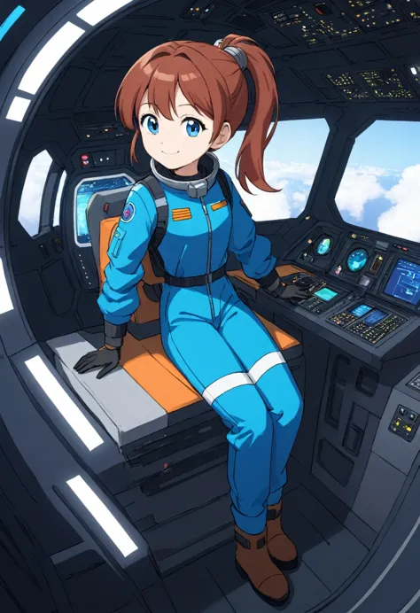 cute anime girl, full-body image of a young teenag girl space pilot, auburn hair, side ponytail, blue eyes, pilot jumpsuit, avia...