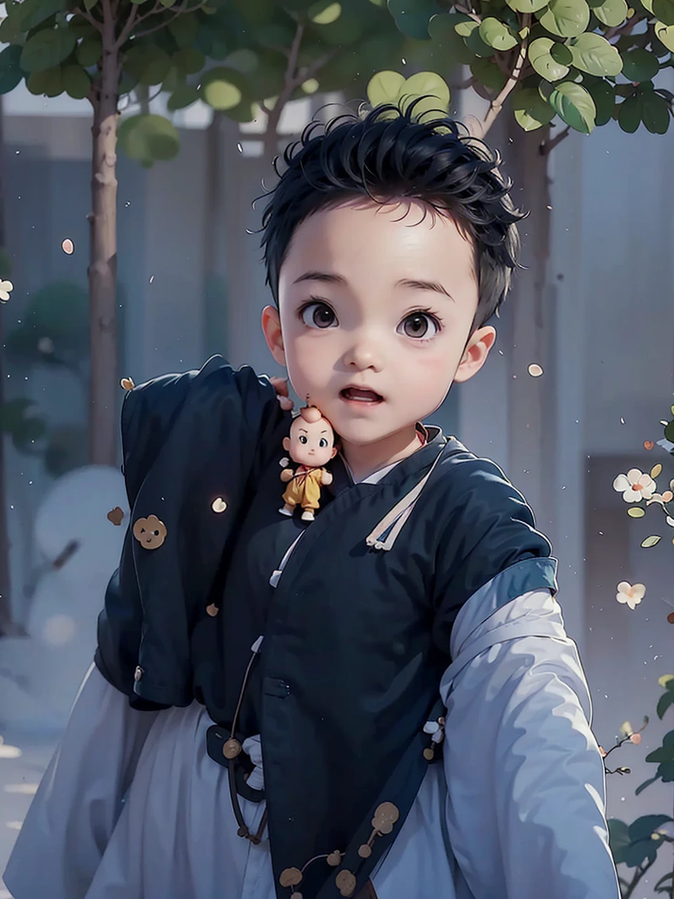 une photo de portrait animé complet du corps d&#39;un moine chibi avec un fond uni, moine anime mignon, bébé moine, tête chauve, À la manière de Pixar, ambiance animée, Style animé 4k, chibi mignon moine, Style animé artwork, Style animé illustration, Style animé, in Style animé, inspiré des dessins animés