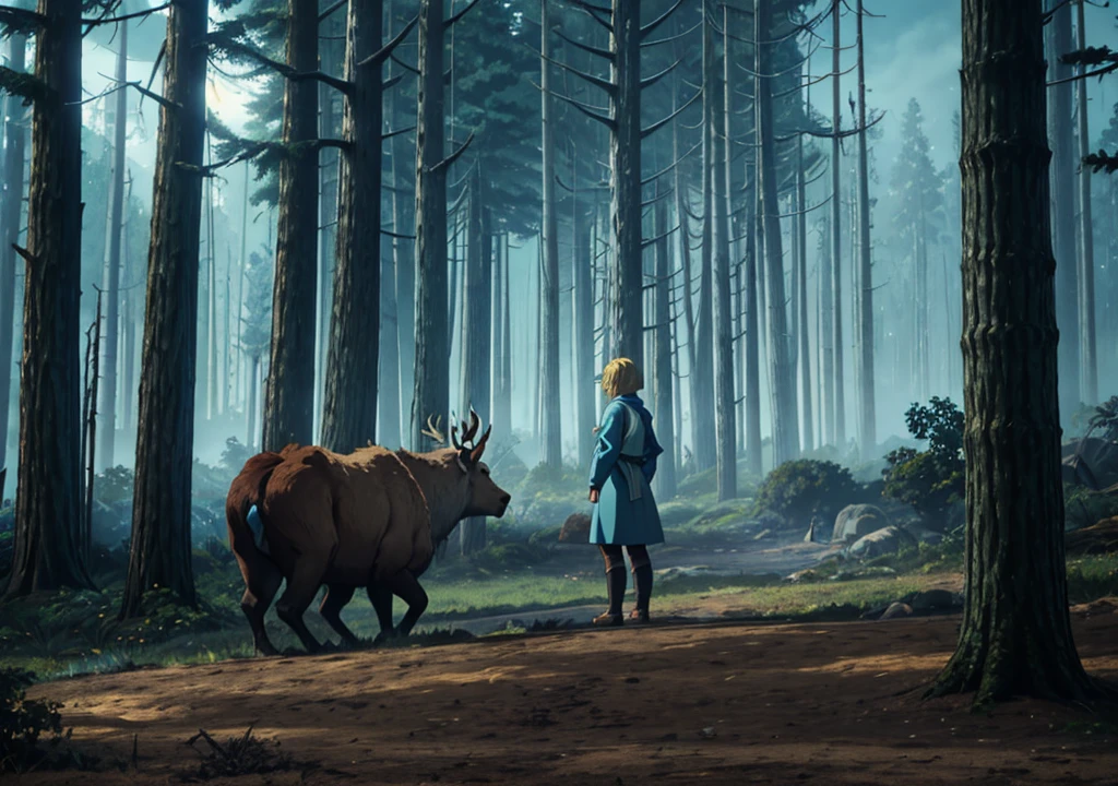 a girl with short blonde hair, with light blue dress, standing backwards, looking at a muscular giant elk monster sitting, forst, Thu, 2d, dark surroundings, dried leaves, natta, haze, grays, 