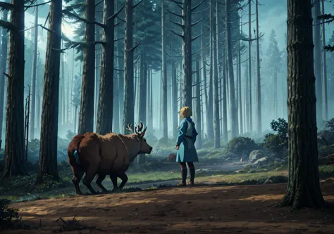 a girl with short blonde hair, with light blue dress, standing backwards, looking at a muscular giant elk monster sitting, forst...
