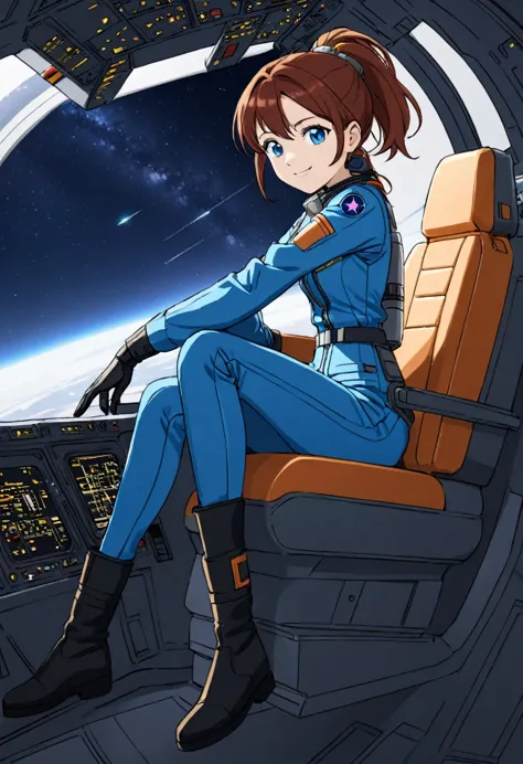 cute anime girl, full-body image of a young teenage girl space pilot, auburn hair, ponytail over shoulder, blue eyes, pilot jump...