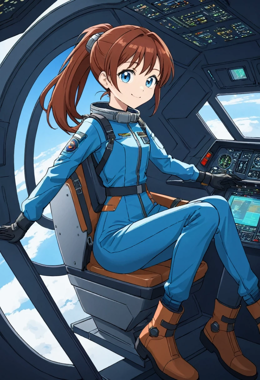 Cute anime girl, Full-body image of a young teenage girl space pilot, auburn hair, ponytail over shoulder, blue eyes, pilot jumpsuit, aviator jacket, boots, leather gloves, in a retrofuturistic spaceship cockpit, strapped into pilot seat, seatbelt, anxious, smile