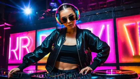 A beautiful girl is DJing at a nightclub filled with colorful neon lights. She wears large headphones on one ear and focuses intently on the turntable in front of her, skillfully adjusting the music. She is dressed stylishly in a black crop top and tight leather pants, paired with high boots that add an edgy touch. Her hair is tied in a high ponytail, and she wears sunglasses reflecting the club's lights. In the background, a large LED wall displays the words 'R-Jm Music' in bold, glittering font. The audience in front of her looks excited, with their hands up, following the energetic beat of the music. The club's atmosphere is vibrant and full of energy, with light effects and smoke adding to the lively party scene