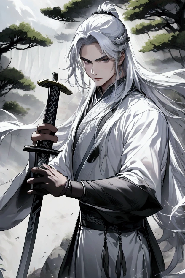 wuxia man, white wuxia clothes, murderous aura, holding a long sword, floating long hair. dynamic pose. misty forest as background