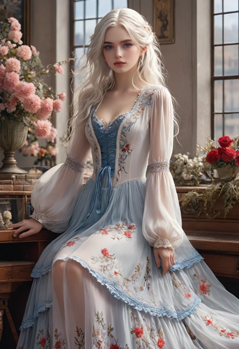 ((Extremely detailed CG unified 8k wallpaper)), masterpiece, Super detailed, floating, High resolution, Sexual innuendo, (small, Ridiculously long white hair, Princess, blue eyes, (Gorgeous long white and red sheer tiered maxi dress，Long separate wide sleeves and intricate embroidery), blush, Shy, Ruffled petticoat, Gorgeous corset,