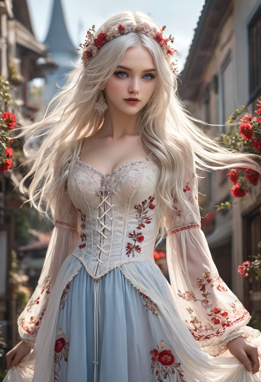 ((Extremely detailed CG unified 8k wallpaper)), masterpiece, Super detailed, floating, High resolution, Sexual innuendo, (small, Ridiculously long white hair, Princess, blue eyes, (Gorgeous long white and red sheer tiered maxi dress，Long separate wide sleeves and intricate embroidery), blush, Shy, Ruffled petticoat, Gorgeous corset,