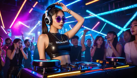 A beautiful asian girl is DJing at a nightclub filled with colorful neon lights. She wears large headphones on one ear and focuses intently on the turntable in front of her, skillfully adjusting the music. She is dressed stylishly in a black crop top and tight leather pants, paired with high boots that add an edgy touch. Her hair is tied in a high ponytail, and she wears sunglasses reflecting the club's lights. In the background, a large LED wall displays the words 'R-Jm Music' in bold, glittering font. The audience in front of her looks excited, with their hands up, following the energetic beat of the music. The club's atmosphere is vibrant and full of energy, with light effects and smoke adding to the lively party scene