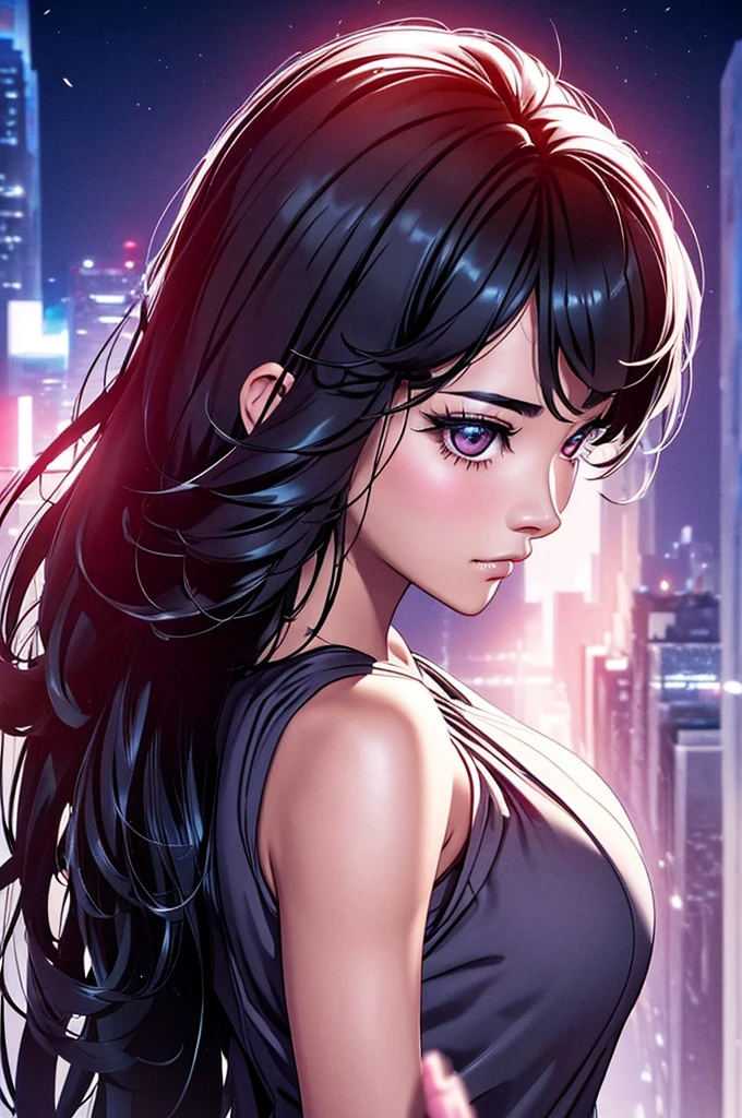 cindy moon(highly quality, work of art, detailded), Night city detailded scenario, night city detailded background, 20 years old, Bblack hair, 1 girl, lua cindy, lua cindy, close up, trunk, shorth hair, that&#39;s why, White top, black button, White background, long bottom, spider web print, top cut, Red scarf, long sleeves, mitts, mitts de dedo vermelho, abdomen, unexpressive, sitting on top of a building, へそ, gorgeous eyes, perfects eyes, gazing at viewer, pose sexy
