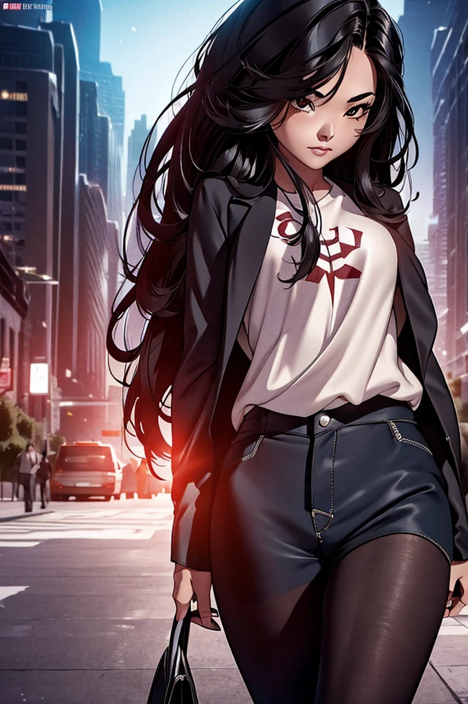 cindy moon(highly quality, work of art, detailded), Night city detailded scenario, night city detailded background, 20 years old, Bblack hair, 1 girl, lua cindy, lua cindy, close up, trunk, shorth hair, that&#39;s why, White top, black button, White background, long bottom, spider web print, top cut, Red scarf, long sleeves, mitts, mitts de dedo vermelho, abdomen, unexpressive, sitting on top of a building, へそ, gorgeous eyes, perfects eyes, gazing at viewer, pose sexy
