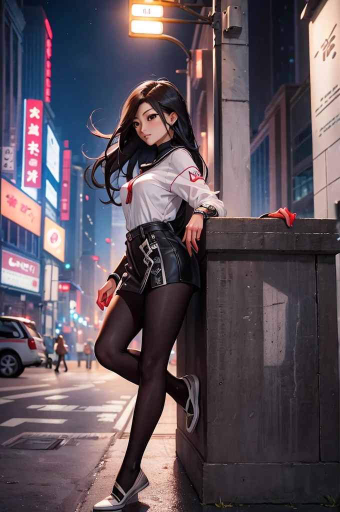 cindy moon(highly quality, work of art, detailded), Night city detailded scenario, night city detailded background, 20 years old, Bblack hair, 1 girl, lua cindy, lua cindy, close up, trunk, shorth hair, that&#39;s why, White top, black button, White background, long bottom, spider web print, top cut, Red scarf, long sleeves, mitts, mitts de dedo vermelho, abdomen, unexpressive, sitting on top of a building, へそ, gorgeous eyes, perfects eyes, gazing at viewer, pose sexy
