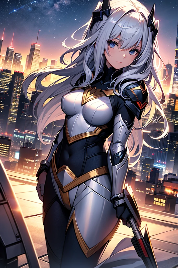 Girl, superhero, heroine, silver costume, armor, on a rooftop, night sky, skyline, high quality, best quality, masterpiece, 4K, 8K