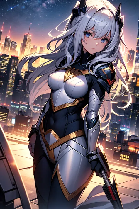 Girl, superhero, heroine, silver costume, armor, on a rooftop, night sky, skyline, high quality, best quality, masterpiece, 4K, ...