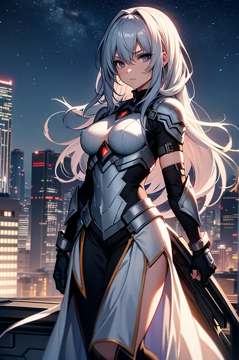 Girl, superhero, heroine, silver costume, armor, on a rooftop, night sky, skyline, high quality, best quality, masterpiece, 4K, ...