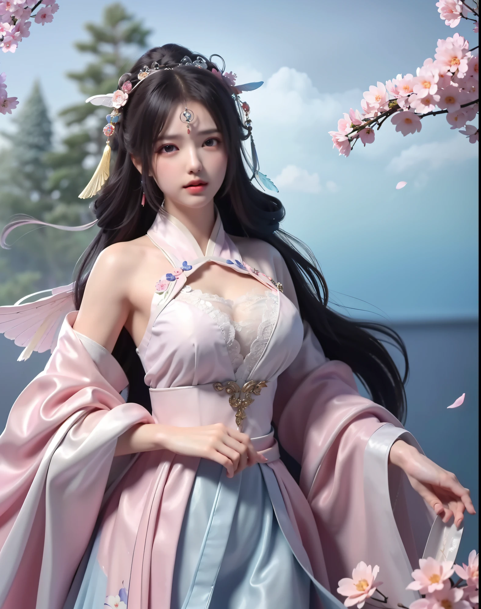 (8k, RAW photo:1.2), best quality, ultra high res,dramatic angle,(fluttered detailed color splashs), (illustration),(((1 girl))),(long hair),(rain:0.9), (Headdress:1.4),There is an ancient palace beside the girl,Hanfu,(Key Points),Color ink painting,(Splash of Color),Splash of Color,(((colorful))),(sketch:0.8) , Masterpiece, best quality, beautiful painted, highly detailed,(denoising:0.6),[splash ink],((ink refraction)), (beautiful detailed sky),moon,highly,detaild,(masterpiece, best quality, extremely detailed） CG Unity 8k Wallpaper，masterpiece，best quality，Ultra Detailed），（Lycoris）. hanfu open v   open V-chested clothes Thin silk lace dress , (huge ，cleavage),, white pink, blue ，best qualtiy，tmasterpiece，Ultra-high resolution，（Reality：1.4），RAW photogr，（True skin texture：1.3），（filmgrain：1.3），（Selfie angle），1个Giant Breast Girl，Beautiful eye and face details，tmasterpiece，Best quality at best，，The chest more exposed， detailed hair, bra pink , detail 8k, upper body, lace petticoat