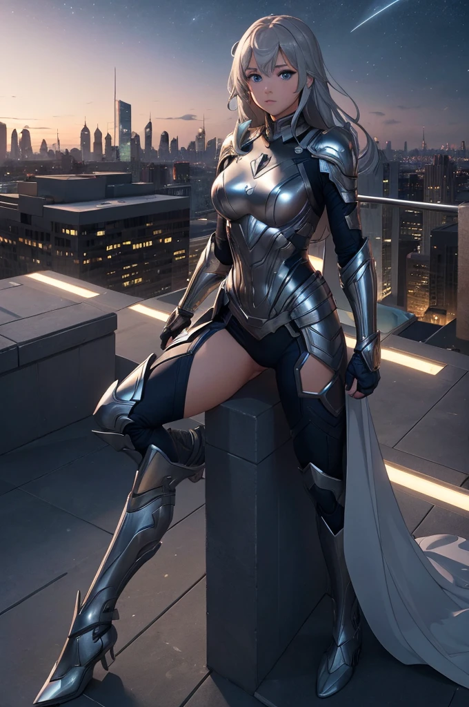 Girl, superhero, heroine, silver costume, armor, on a rooftop, night sky, skyline, high quality, best quality, masterpiece, 4K, 8K