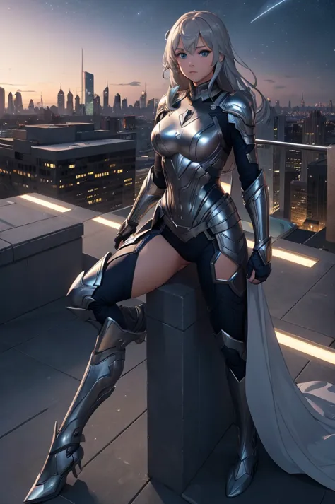 Girl, superhero, heroine, silver costume, armor, on a rooftop, night sky, skyline, high quality, best quality, masterpiece, 4K, ...